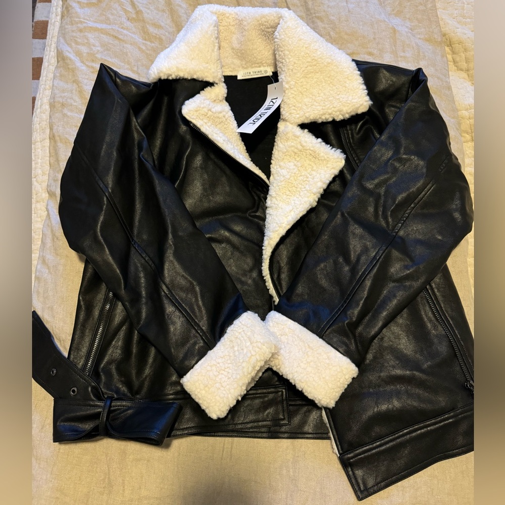 NEW 12th Tribe Starla Black Vegan Leather Sherpa Jacket